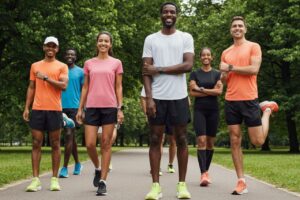 Grupa biegaczy na ścieżce w parku, ubrani w sportowe stroje, przygotowują się do treningu w słoneczny dzień