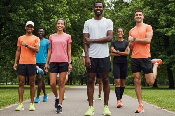 Grupa biegaczy na ścieżce w parku, ubrani w sportowe stroje, przygotowują się do treningu w słoneczny dzień
