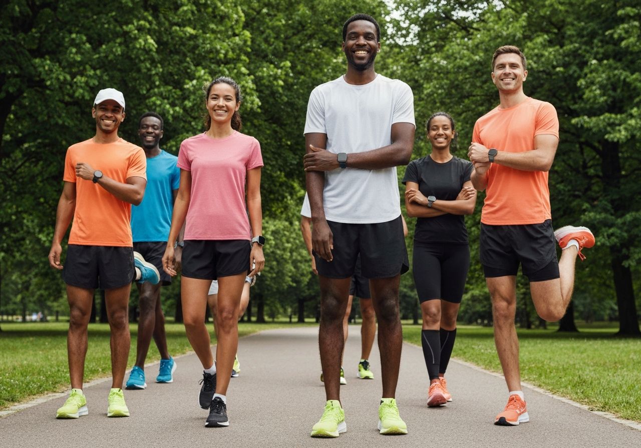 Grupa biegaczy na ścieżce w parku, ubrani w sportowe stroje, przygotowują się do treningu w słoneczny dzień