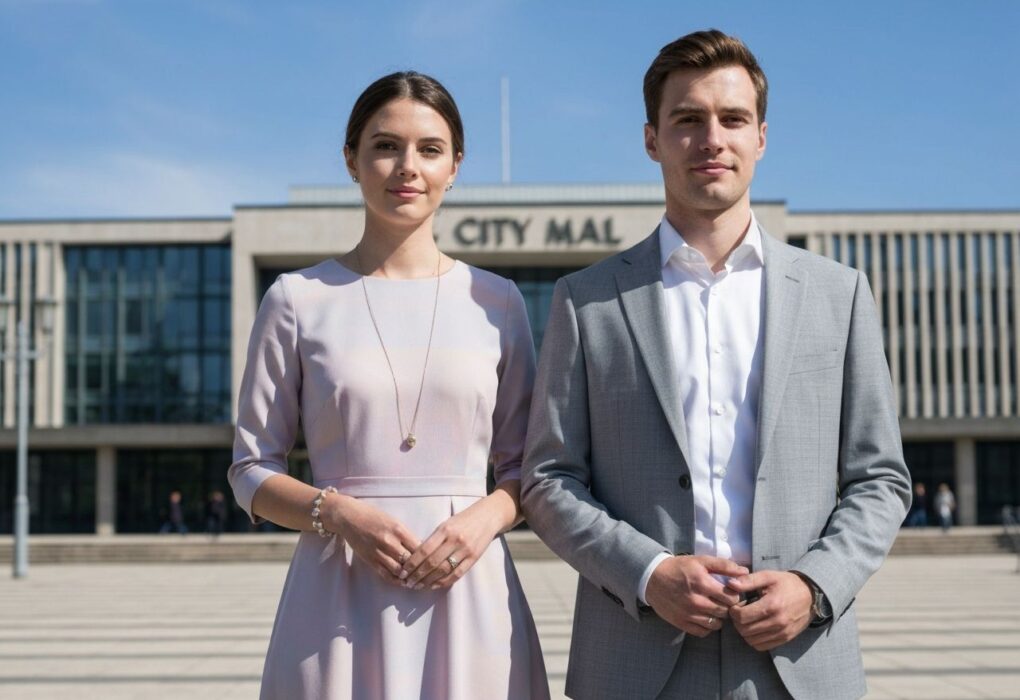 Młoda para podczas ślubu cywilnego przed nowoczesnym ratuszem w dniu z wyraźnym, niebieskim niebem