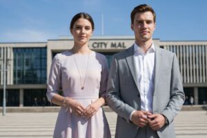 Młoda para podczas ślubu cywilnego przed nowoczesnym ratuszem w dniu z wyraźnym, niebieskim niebem