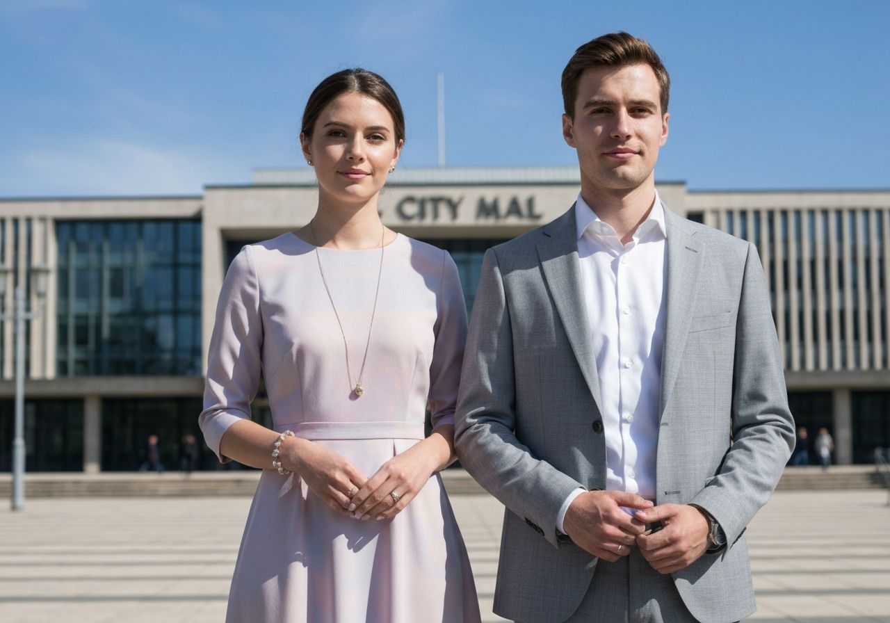 Młoda para podczas ślubu cywilnego przed nowoczesnym ratuszem w dniu z wyraźnym, niebieskim niebem