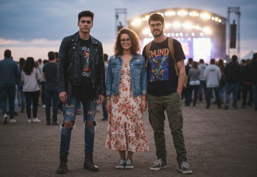 Trzech młodych ludzi w modnych stylizacjach na koncercie, tłum i scena w tle o zmierzchu.