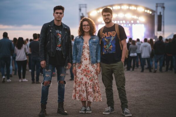 Trzech młodych ludzi w modnych stylizacjach na koncercie, tłum i scena w tle o zmierzchu.