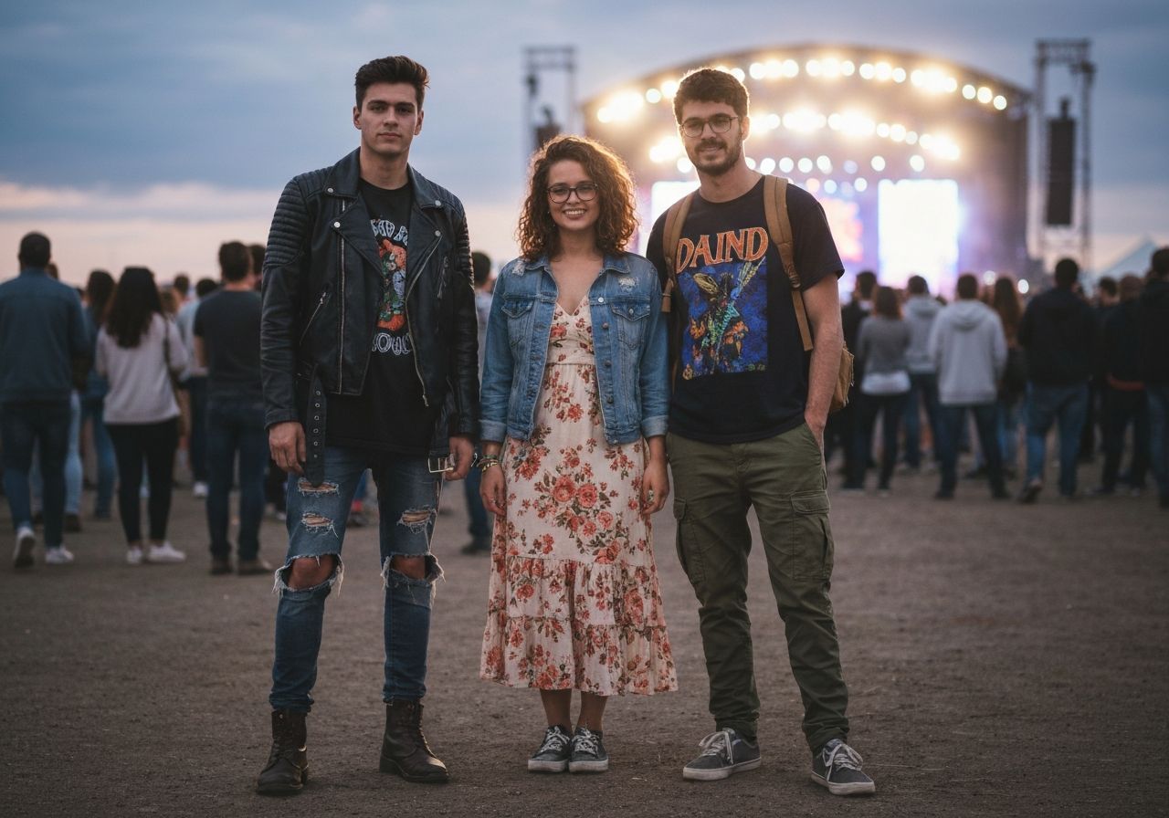 Trzech młodych ludzi w modnych stylizacjach na koncercie, tłum i scena w tle o zmierzchu.