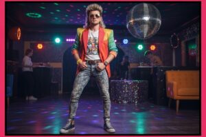 Mężczyzna w stylu lat 80. w kolorowym ubraniu na tle retro imprezy z disco światłami i kulą disco.