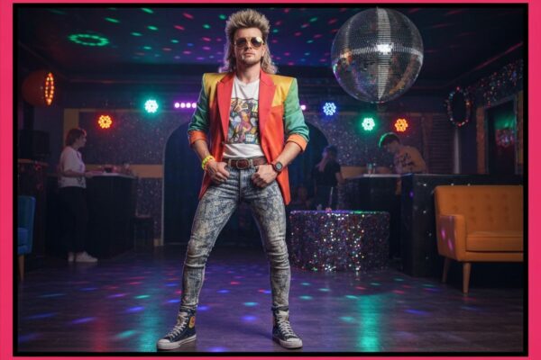 Mężczyzna w stylu lat 80. w kolorowym ubraniu na tle retro imprezy z disco światłami i kulą disco.