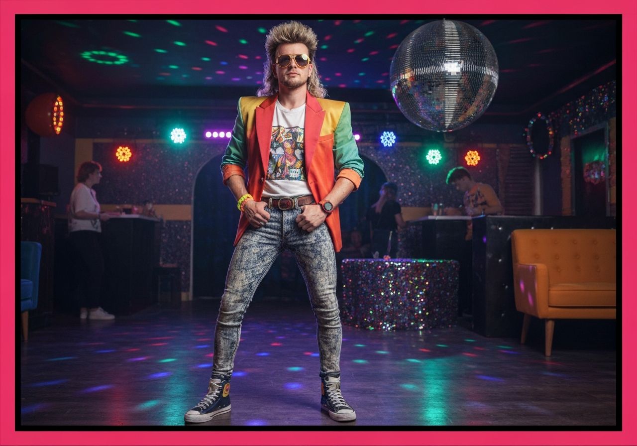 Mężczyzna w stylu lat 80. w kolorowym ubraniu na tle retro imprezy z disco światłami i kulą disco.