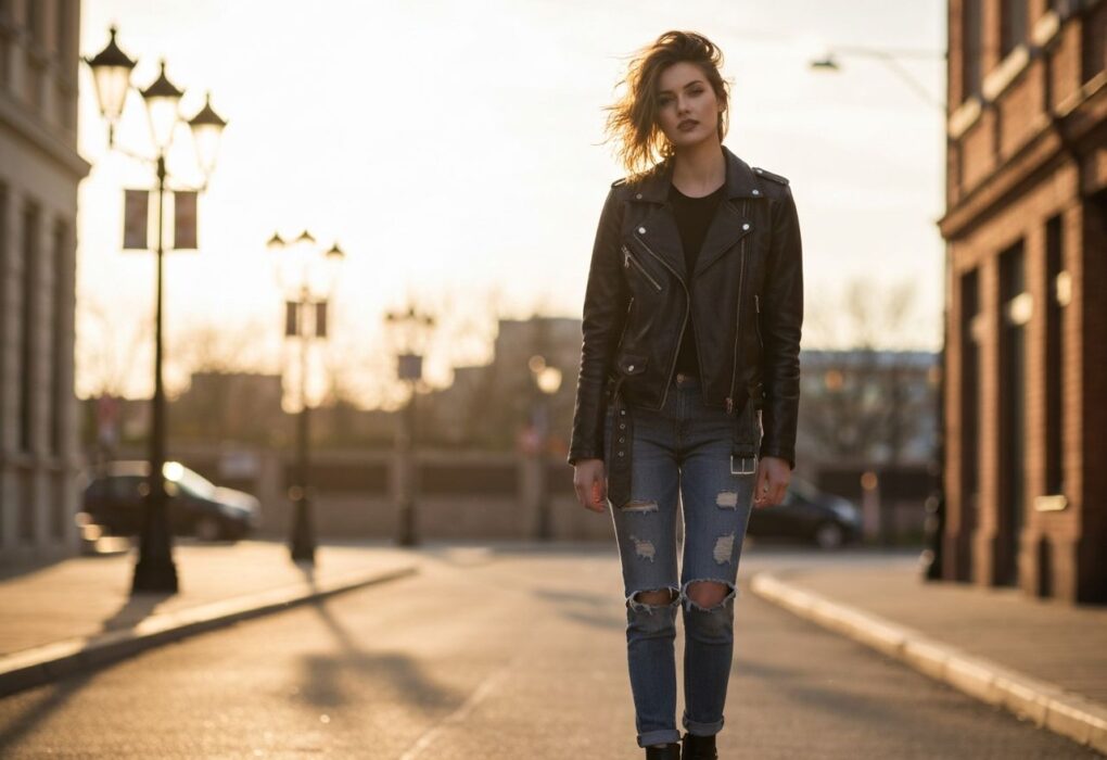 Młoda kobieta w czarnej skórzanej kurtce na ulicy miasta podczas złotej godziny, z rozmytym tłem.