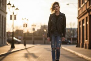 Młoda kobieta w czarnej skórzanej kurtce na ulicy miasta podczas złotej godziny, z rozmytym tłem.