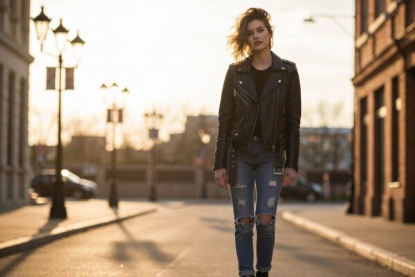 Młoda kobieta w czarnej skórzanej kurtce na ulicy miasta podczas złotej godziny, z rozmytym tłem.