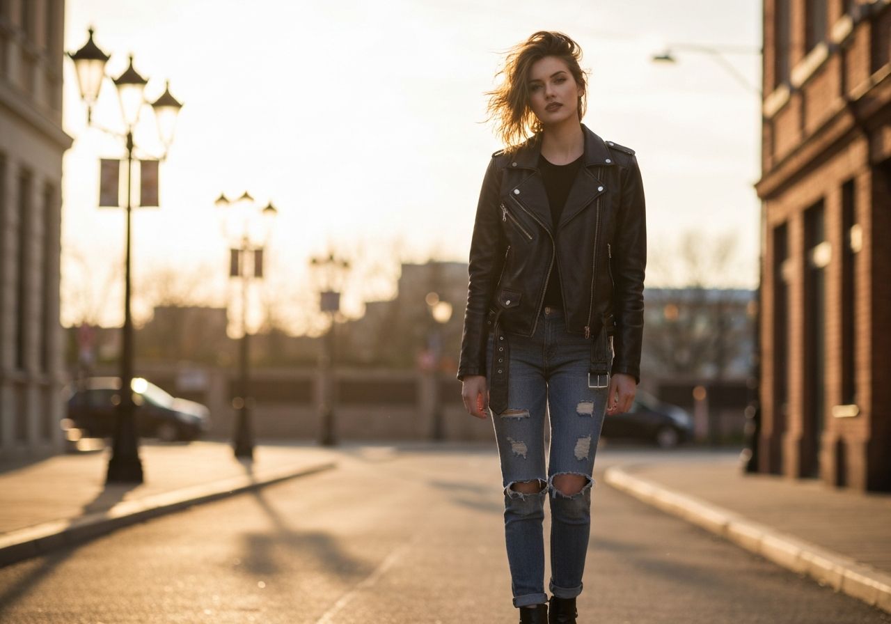Młoda kobieta w czarnej skórzanej kurtce na ulicy miasta podczas złotej godziny, z rozmytym tłem.
