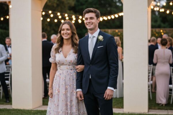 Młoda para w eleganckich strojach na przyjęciu weselnym w ogrodzie podświetlonym lampkami