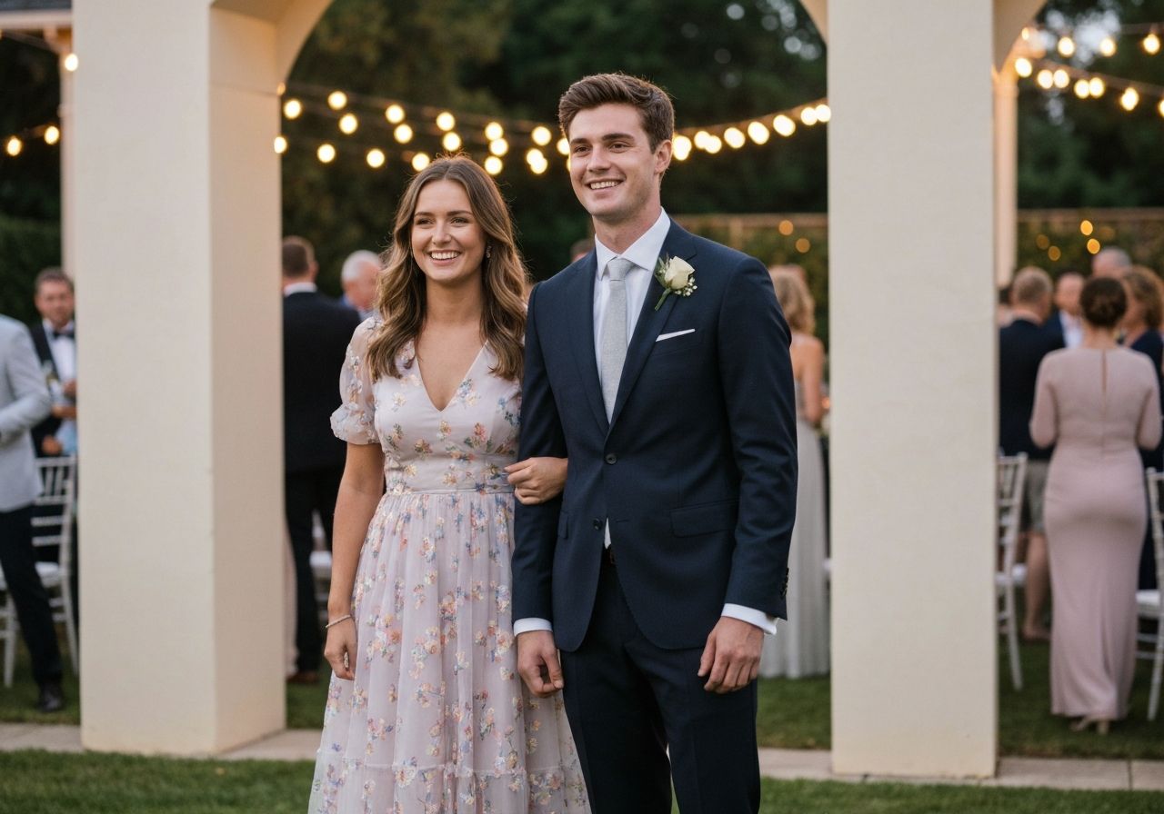 Młoda para w eleganckich strojach na przyjęciu weselnym w ogrodzie podświetlonym lampkami