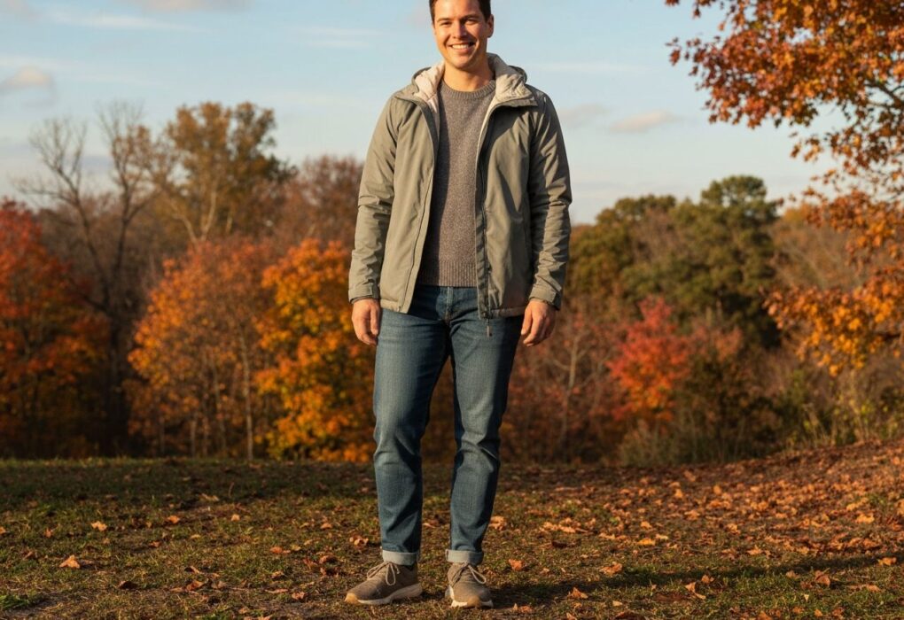 Osoba w lekkiej kurtce i swetrze stoi jesienią na tle kolorowych liści i błękitnego nieba