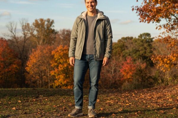 Osoba w lekkiej kurtce i swetrze stoi jesienią na tle kolorowych liści i błękitnego nieba