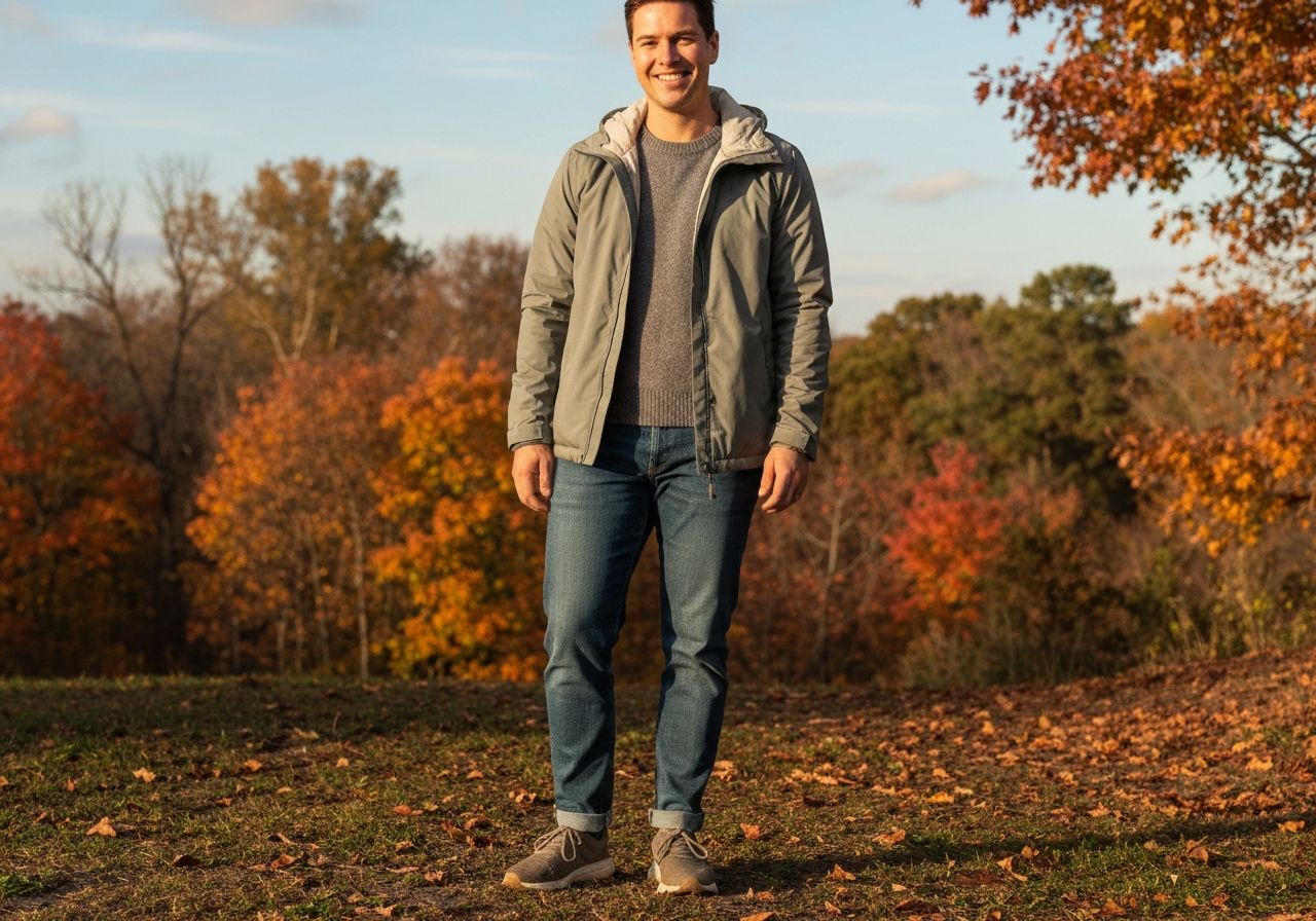 Osoba w lekkiej kurtce i swetrze stoi jesienią na tle kolorowych liści i błękitnego nieba