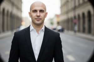 Mężczyzna w czarnym garniturze i białej koszuli stoi na zewnątrz w naturalnym świetle, tło rozmyte.
