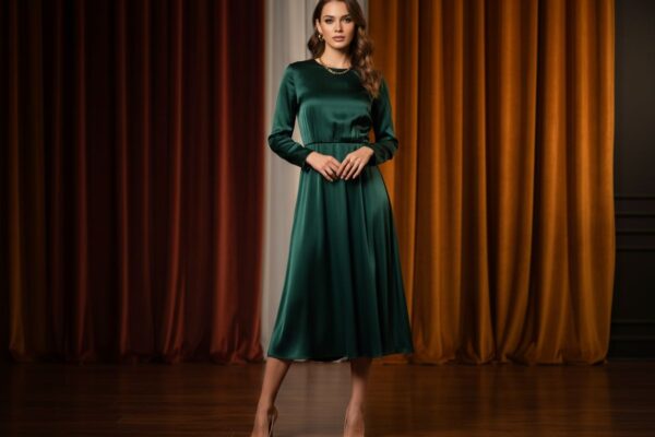 Kobieta w zielonej jedwabnej sukience i złotej biżuterii stoi w eleganckim, przytulnym wnętrzu.