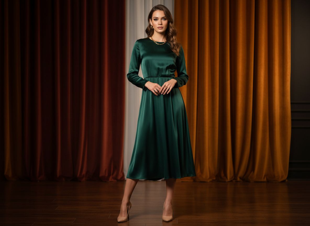 Kobieta w zielonej jedwabnej sukience i złotej biżuterii stoi w eleganckim, przytulnym wnętrzu.