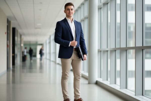Młody student w formalnym stroju stoi w nowoczesnym korytarzu uniwersytetu z teczką w ręku.