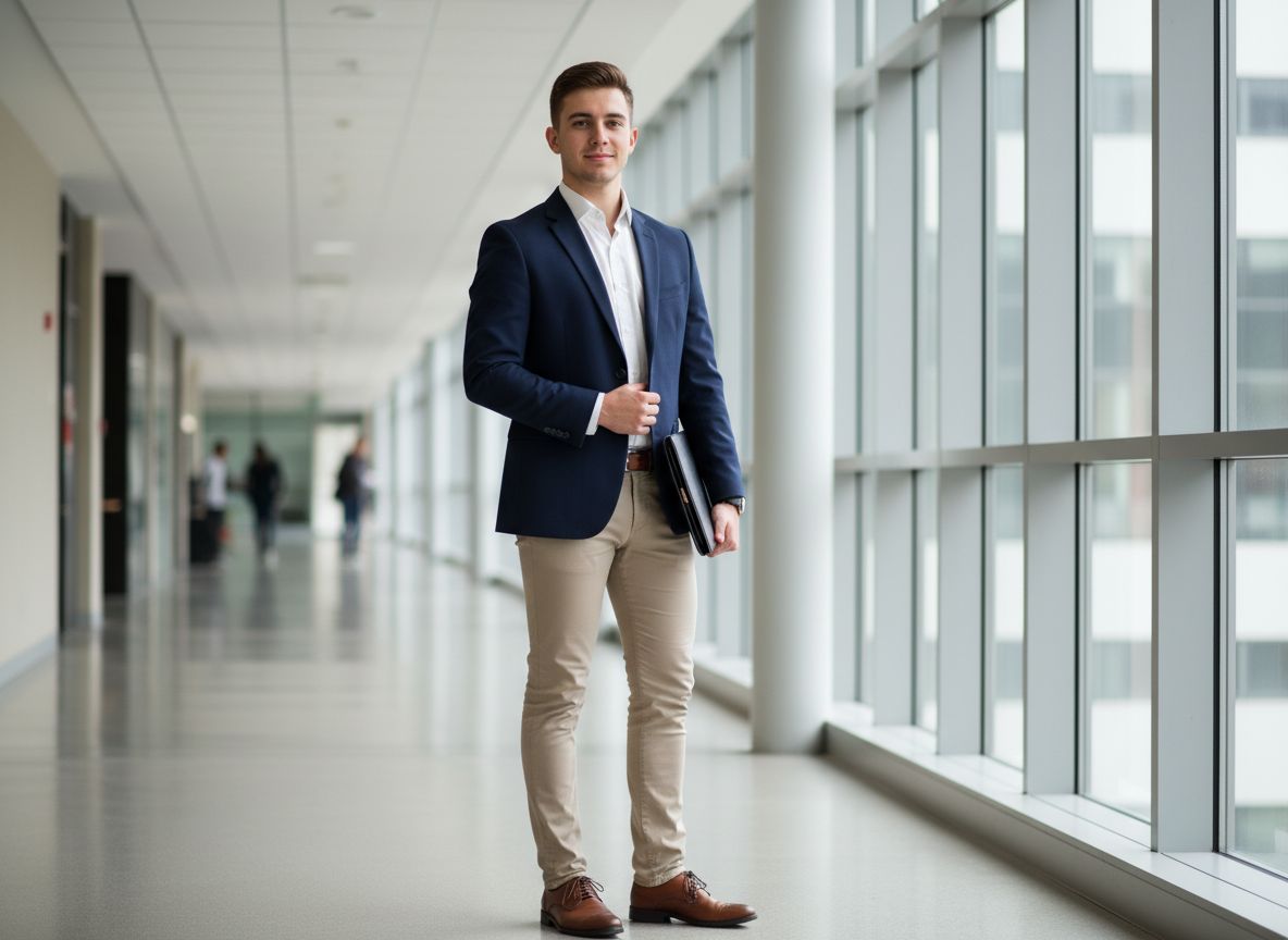 Młody student w formalnym stroju stoi w nowoczesnym korytarzu uniwersytetu z teczką w ręku.