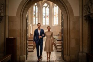 Mężczyzna i kobieta w eleganckich strojach wchodzą do zabytkowego kościoła z witrażami i drewnianymi ławkami.