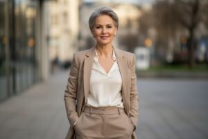 Kobieta w średnim wieku w beżowej marynarce i wysokich spodniach na tle miejskim, uśmiechnięta i pewna siebie