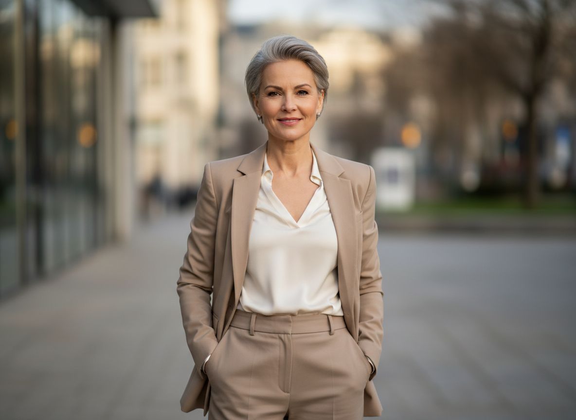 Kobieta w średnim wieku w beżowej marynarce i wysokich spodniach na tle miejskim, uśmiechnięta i pewna siebie